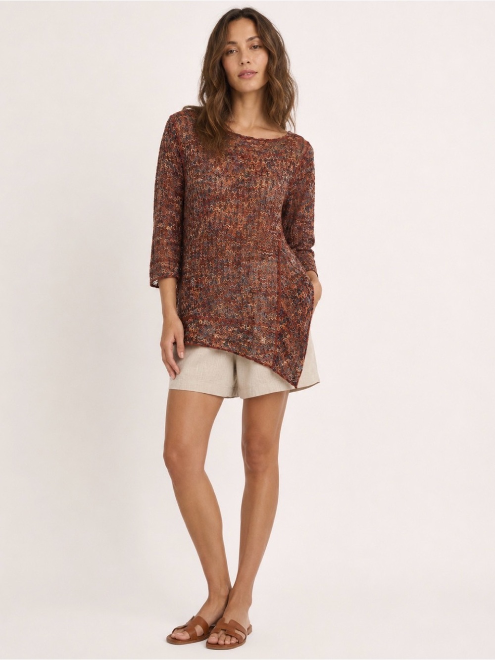 One World Open Knit Asymmetrical Tunic Top L Rust Brown Fall Lightweight Boho